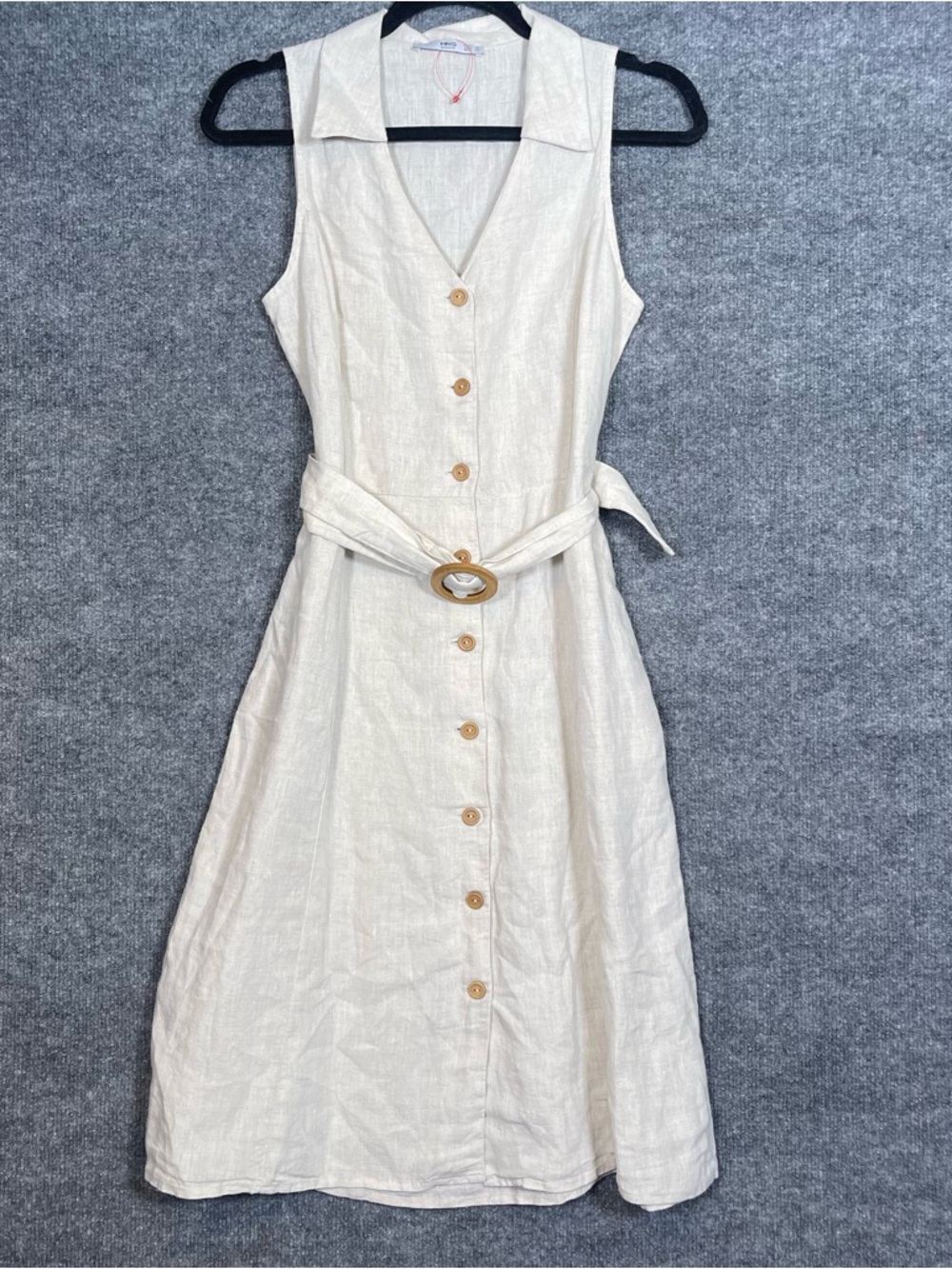 MNG Basics Womens 4 100% Linen Oatmeal Tan Sleeveless Belted Button Pocket Dress
